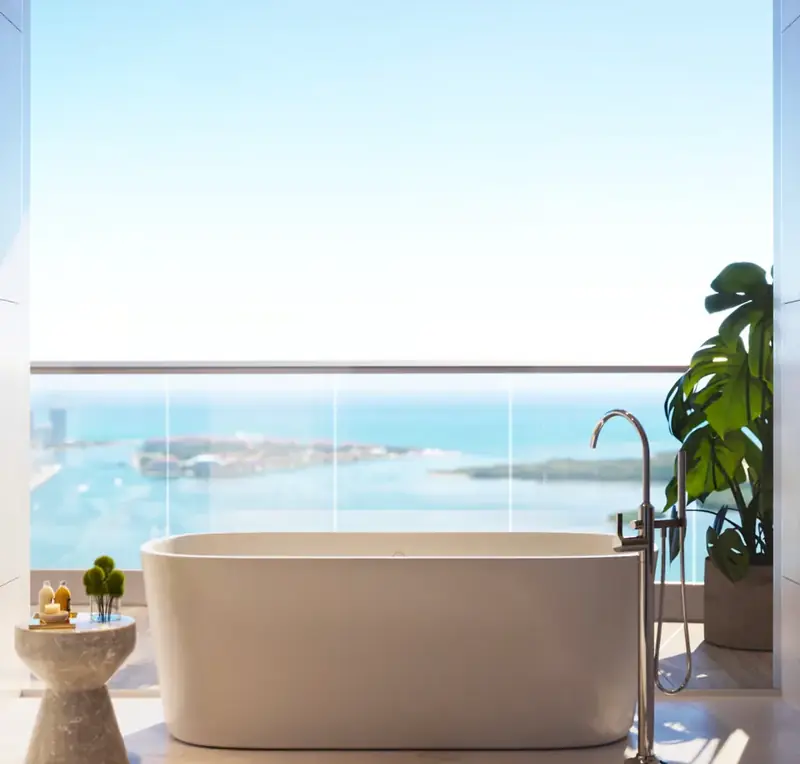 Soaking tub with bay views