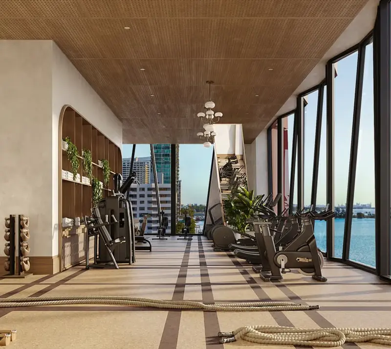 Fitness center with bay views